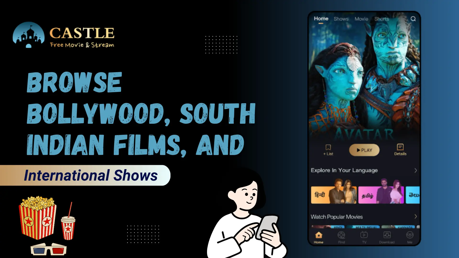 Castle App interface with movies in different languages