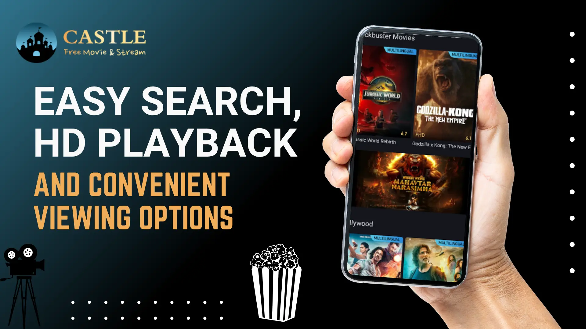 Castle App screen with movies and search features